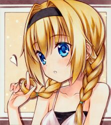 Rule 34 | 1girl, bare shoulders, black hairband, blonde hair, blue eyes, blush, braid, chitose sana, close-up, collarbone, colored eyelashes, commentary request, drop shadow, hair between eyes, hair intakes, hairband, hand up, heart, index finger raised, light brown background, long hair, looking at viewer, marker (medium), parted lips, photo (medium), playing with own hair, revision, simple background, solo, takt shindo, tenshinranman, traditional media, twin braids