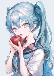Rule 34 | 1girl, absurdres, alternate costume, apple, black sailor collar, blue background, blue eyes, blue hair, blue nails, blue neckerchief, commentary, food, fruit, hair between eyes, hands up, hatsune miku, highres, holding, holding food, holding fruit, looking at viewer, neckerchief, open mouth, pipi, red apple, sailor collar, school uniform, shirt, short sleeves, sidelocks, solo, twintails, upper body, vocaloid, white shirt