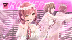 Rule 34 | 3girls, absurdres, blush, breasts, brown hair, cleavage, commentary request, dress, fujinomiya rio, head wreath, headset, highres, idolmaster, idolmaster shiny colors, kuwayama chiyuki, looking ahead, looking at viewer, medium breasts, multiple girls, osaki amana, osaki tenka, red hair, see-through, see-through sleeves, smile, stage, stage lights, subtitled, tv show, white dress, yellow eyes