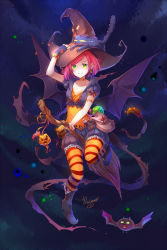 Rule 34 | 1girl, bat (animal), bloomers, broom, broom riding, cat, dark background, earrings, fingerless gloves, gloves, green eyes, hand on headwear, hat, highres, jewelry, kaminary, looking at viewer, original, pantyhose, puffy short sleeves, puffy sleeves, red hair, short hair, short sleeves, smile, solo, swept bangs, underwear, wings, witch, witch hat