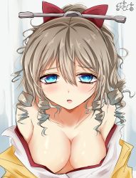 Rule 34 | 1girl, areola slip, artist name, bad id, bad pixiv id, bare shoulders, blue eyes, blush, breasts, brown hair, cleavage, closed mouth, collarbone, curly hair, drill hair, hair ornament, half-closed eyes, hatakaze (kancolle), highres, japanese clothes, kantai collection, kimono, looking at viewer, medium breasts, meiji schoolgirl uniform, no bra, off shoulder, open mouth, rudo (rudorudo0917), seductive smile, shiny skin, simple background, smile, solo, symbol-shaped pupils, undressing, upper body