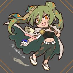 Rule 34 | 1girl, :d, bandaged arm, bandages, chibi, cloak, creatures (company), crocs, crop top, double bun, eyes visible through hair, full body, furrowed brow, game freak, gloves, great ball, green hair, ground miku (project voltage), hair between eyes, hair bun, harurukan, hatsune miku, highres, holding, holding poke ball, midriff, navel, nintendo, open mouth, orange eyes, pants, poke ball, pokemon, project voltage, smile, solo, torn clothes, twintails, twitter username, vocaloid