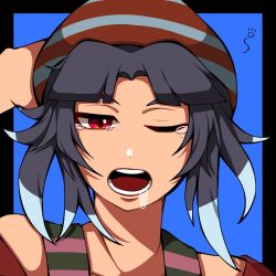Rule 34 | 1jumangoku, 1other, androgynous, arm behind head, bare shoulders, black border, blue background, blue hair, blue hat, blunt bangs, border, brown hat, chin, commentary, drooling, exhausted, green shirt, half-closed eye, hat, highres, len&#039;en, one eye closed, open mouth, parted bangs, pink shirt, pointy hat, red eyes, senri haiji, shirt, short hair, sleeveless, sleeveless shirt, spiked hair, squeans, striped clothes, striped headwear, striped shirt, tearing up, teeth, thick eyebrows, two-tone headwear, two-tone shirt, upper body, yawning