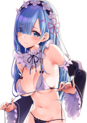 Rule 34 | 1girl, bare shoulders, black panties, blue eyes, blue hair, blush, bow, bow panties, bowtie, bra, breasts, cleavage, closed mouth, commentary request, detached sleeves, fingernails, hair ornament, hair over one eye, highres, lips, long hair, medium breasts, mirei, navel, open bra, panties, re:zero kara hajimeru isekai seikatsu, rem (re:zero), simple background, solo, stomach, underwear, underwear only, untied, upper body, white background, wide sleeves