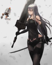 Rule 34 | 1girl, android, armlet, breasts, chain, collarbone, elbow gloves, gloves, grey eyes, hair between eyes, highres, holding, holding weapon, huge weapon, katana, long hair, nier (series), nier:automata, pale skin, pod (nier:automata), solo, sword, tank top, weapon, white hair, yonkumi (gatling033), a2 (nier:automata)