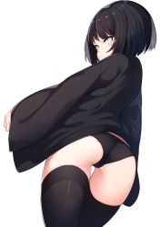 Rule 34 | 1girl, ass, bad id, bad pixiv id, black hair, black jacket, black panties, black thighhighs, blue eyes, blush, commentary request, covered mouth, highres, jacket, looking at viewer, looking back, naki (otokuyou), open clothes, open jacket, original, otokuyou, panties, short hair, simple background, solo, thighhighs, underwear, white background