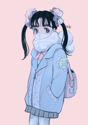 Rule 34 | 1girl, backpack, bag, black hair, blue jacket, cowboy shot, grey bag, grey eyes, hands in pockets, highres, jacket, long hair, looking at viewer, mask, mouth mask, original, pink background, print mask, simple background, solo, toyux2, twintails, white mask, zipper pull tab
