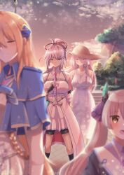 4girls belt blonde_hair braid breasts capelet chest_harness dark_skin dress dusk fading hair_between_eyes hair_ornament hair_over_one_eye harness hat heaven_burns_red highres horns kura_satomi large_breasts long_hair long_sleeves multiple_girls necktie ogasawara_hisame outdoors pink_hair ponytail puyopiku red_eyes ribbon sad shirakawa_yuina sidelocks skirt straw_hat transparent tsukishiro_monaka white_belt white_dress white_hair yellow_eyes