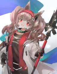 Rule 34 | 1girl, :d, angelina (arknights), animal ears, arknights, black gloves, black shirt, blush, breasts, brown hair, commentary request, gloves, hairband, highres, holding, holding polearm, holding spear, holding weapon, jacket, long hair, looking at viewer, open clothes, open jacket, open mouth, polearm, red eyes, red hairband, sha2mo, shirt, sketch, small breasts, smile, solo, spear, striped clothes, striped hairband, twintails, weapon, white jacket