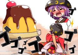 Rule 34 | 1girl, = =, blush, bowl, bowl hat, cherry, closed eyes, commentary request, drooling, food, fruit, hat, japanese clothes, kimono, long sleeves, mini person, minigirl, needle, obi, open mouth, pudding, purple hair, rindou (p41neko), sash, solo, sparkle, spoon, sukuna shinmyoumaru, touhou, wide sleeves