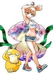 Rule 34 | 1girl, arm up, armpits, bare shoulders, breasts, clam, closed mouth, collarbone, commentary request, creatures (company), denim, denim shorts, full body, game freak, gem, gen 1 pokemon, green eyes, groin, gym leader, hair between eyes, holding, holding poke ball, loafers, looking at viewer, medium breasts, midriff, misty (pokemon), nabe puyo, navel, nintendo, one side up, orange hair, pearl (gemstone), poke ball, poke ball (basic), pokemon, pokemon (creature), pokemon lgpe, psyduck, shirt, shoes, short hair, short shorts, shorts, sidelocks, sleeveless, sleeveless shirt, standing, toned, white background, white shirt