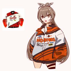 Rule 34 | 1girl, :d, absurdres, brown eyes, brown hair, feather hair ornament, feathers, hair ornament, hands in pockets, highres, holeecrab, holocouncil, hololive, hololive english, hooters, long hair, nanashi mumei, nascar, open mouth, photo-referenced, racing suit, simple background, smile, solo, thigh strap, virtual youtuber, white background