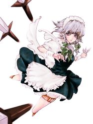 Rule 34 | 1girl, action, bad id, bad pixiv id, between fingers, braid, female focus, foreshortening, holding, holster, izayoi sakuya, knife, maid, maid headdress, poruhi, silver hair, solo, thigh holster, throwing knife, touhou, twin braids, weapon, wrist cuffs