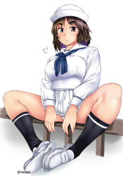 Rule 34 | 1girl, black eyes, black hair, black socks, blouse, blue neckerchief, closed mouth, commentary request, dixie cup hat, frown, full body, girls und panzer, hat, highres, hubrael, legs, loafers, long hair, long sleeves, looking at viewer, military hat, miniskirt, murakami (girls und panzer), neckerchief, ooarai naval school uniform, panties, pantyshot, pleated skirt, print socks, puff of air, sailor, sailor collar, school uniform, shirt, shoes, sigh, sitting, skindentation, skirt, socks, solo, spread legs, twitter username, underwear, white background, white footwear, white hat, white panties, white shirt, white skirt