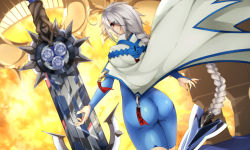 Rule 34 | 1girl, ahoge, arc system works, ass, blazblue, blue nails, bodysuit, braid, bridal gauntlets, byakkun, cape, fingernails, from behind, highres, long fingernails, long hair, looking at viewer, looking back, nail polish, nu-13, ofuda, open mouth, parted lips, red eyes, sharp fingernails, shiny clothes, shiny skin, silver hair, single braid, skin tight, smile, solo, sword, unitard, very long hair, weapon
