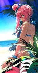 Rule 34 | 1girl, alternate costume, ass, beach, bikini, blue bikini, blue eyes, blurry, blush, breasts, butt crack, commentary request, creatures (company), day, e-co, earrings, eyelashes, foliage, game freak, highres, jewelry, looking at viewer, looking back, nintendo, outdoors, parted lips, pink hair, pokemon, pokemon bw, sand, scrunchie, shore, skyla (pokemon), solo, swimsuit, water, wrist scrunchie