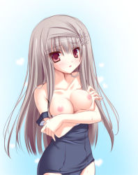 Rule 34 | 00s, 1girl, aquarian age, bad id, bad pixiv id, breast hold, breasts, brown hair, clothes pull, collarbone, crossed arms, long hair, looking at viewer, mikagami mamizu, nipples, one-piece swimsuit, one-piece swimsuit pull, red eyes, school swimsuit, silver hair, solo, swimsuit