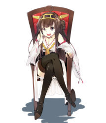 Rule 34 | 10s, 1girl, ahoge, bare shoulders, boots, brown hair, detached sleeves, double bun, full body, hair ornament, hairband, headgear, highres, japanese clothes, kantai collection, kongou (kancolle), crossed legs, long hair, looking at viewer, merumayu, personification, purple eyes, sitting, skirt, solo, thigh boots, thighhighs, white background, wide sleeves, ytk (yutta-p)