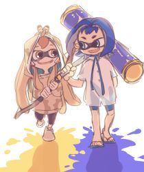 Rule 34 | 2girls, ahoge, bike shorts, blue hair, blue ribbon, brmameng, brown eyes, brown hair, camouflage, camouflage jacket, collared shirt, dress shirt, fang, feather hair ornament, feathers, hair intakes, hair ornament, highres, hololive, hololive english, hood, hood up, inkling, inkling girl, inkling player character, jacket, long hair, multicolored hair, multiple girls, nanashi mumei, neck ribbon, nintendo, ouro kronii, oversized clothes, paint roller, paint splatter, pointy ears, ribbon, shirt, short hair, splatoon (series), squid, streaked hair, tentacle hair, very long hair, virtual youtuber, white shirt
