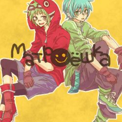 Rule 34 | 2boys, blue eyes, blue hair, boots, gender request, genderswap, gloves, goggles, green eyes, green hair, gumo, happy, hatsune mikuo, headphones, jacket, male focus, multiple boys, pants, red eyes, shorts, sitting, tongue, vocaloid, yellow eyes