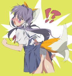 Rule 34 | !?, 1girl, animal ears, arm at side, ass, bare arms, bare shoulders, blue sky, blush, blush stickers, bow, clannad, cowboy shot, cropped legs, eyebrows, eyes visible through hair, flat ass, fox ears, fox tail, from behind, fujibayashi kyou, hair between eyes, hair bow, hair intakes, hair tubes, hand up, high-waist skirt, highres, hikarizaka private high school uniform, home (houmei), inconvenient tail, kemonomimi mode, long hair, looking back, multiple tails, open mouth, panties, pink ribbon, ribbon, sailor collar, school uniform, serafuku, shirt, skirt, sky, solo, straight hair, tail, tongue, underwear, v-shaped eyebrows, white bow, white panties, white sailor collar, white shirt