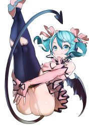 Rule 34 | 1girl, absurdres, alternate hair length, alternate hairstyle, aqua eyes, aqua hair, ass, barefoot, black thighhighs, black wings, blush, breasts, closed mouth, clothing cutout, dress, elbow gloves, fingerless gloves, garter straps, gloves, hair ribbon, hatsune miku, headset, heart cutout, heart hunter (module), high heels, highres, leaning back, legs up, omucchan (omutyuan), own hands together, panties, pantyshot, pink dress, pink footwear, pink gloves, pink panties, pink ribbon, project diva (series), ribbon, short dress, short hair, short twintails, simple background, sitting, sleeveless, sleeveless dress, small breasts, smile, solo, tail, thighhighs, twintails, underwear, upskirt, vocaloid, white background, wings
