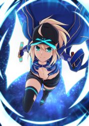 1girl, ahoge, artoria pendragon (all), bangs, baseball cap, black footwear, black headwear, black shorts, blonde hair, blue background, blue jacket, blue panties, blue theme, boots, breasts, cleavage, closed mouth, commentary request, cross (crossryou), fate/grand order, fate (series), full body, green eyes, hair between eyes, hat, highres, holding, holding weapon, jacket, jacket on shoulders, leaning forward, looking at viewer, midriff, mysterious heroine x (fate), navel, panties, ponytail, redrawn, serious, short hair, shorts, sidelocks, solo, thigh boots, thighhighs, underwear, weapon, weapon request