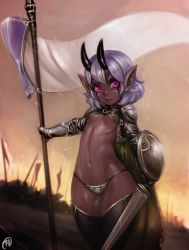 Rule 34 | 1girl, absurdres, armor, armored gloves, banner, battlefield, bikini, breasts, cape, cowboy shot, dark skin, dark-skinned female, filemonte, gauntlets, gloves, green cape, highres, holding, horns, looking at viewer, makeup, original, outdoors, pink eyes, pointy ears, purple hair, shield, short hair, shoulder armor, small breasts, solo, standing, swimsuit, sword, thick thighs, thighhighs, thighs, underboob, weapon