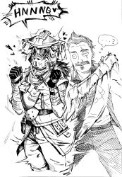Rule 34 | ..., 1boy, 1other, ?, absurdres, ambiguous gender, apex legends, ass smack, belt, bloodhound (apex legends), clenched hands, confused, facial hair, fuse (apex legends), gas mask, gloves, goggles, greyscale, heart, helmet, highres, ink (medium), jacket, mask, monochrome, mustache, one eye covered, scar, scar across eye, scar on face, sleeveless, sleeveless jacket, soul patch, speech bubble, surprised, tengtengs1234, thought bubble, traditional media, white background