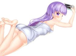 Rule 34 | 10s, 1girl, 2drr, absurdres, ass, blush, breasts, handheld game console, highres, long hair, looking at viewer, lying, medium breasts, new game!, on stomach, purple eyes, purple hair, solo, suzukaze aoba, the pose