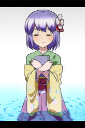 Rule 34 | 1girl, book, hugging book, crossed arms, closed eyes, flower, hair flower, hair ornament, hieda no akyuu, holding, holding book, japanese clothes, jeno, kimono, letterboxed, obi, hugging object, purple hair, sash, solo, touhou, water, wide sleeves