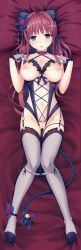 Rule 34 | 1girl, animal ears, ankle flower, bare shoulders, bell, black choker, black panties, blue bow, blunt bangs, blush, bow, braid, breasts, cat ears, cat girl, cat tail, choker, collarbone, cura, dakimakura (medium), feet, flower, frilled gloves, frills, full body, gloves, green eyes, grey gloves, grey thighhighs, groin, hair flower, hair ornament, head tilt, heart, highres, kemonomimi mode, large breasts, long hair, looking at viewer, lying, maitetsu, migita makura, navel, no shoes, o-ring, on back, panties, panty pull, parted lips, pussy, red flower, red hair, revealing clothes, side-tie panties, solo, tail, tail bell, tail bow, tail ornament, thighhighs, toes, underwear, very long hair