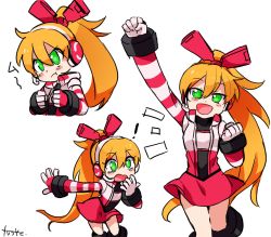 Rule 34 | !, 1girl, android, blonde hair, call (mighty no. 9), call f, dress, eyebrows, fingerless gloves, gloves, green eyes, hairband, headphones, jacket, long hair, mighty no. 9, no humans, open mouth, ponytail, ribbon, robot, shirt, simple background, solo, white background