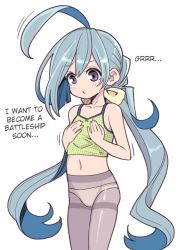 Rule 34 | 10s, 1girl, ahoge, bare shoulders, blue eyes, blue hair, camisole, collarbone, commentary request, flat chest, hair bun, hair ribbon, hanauna, hands on own chest, hard-translated, huge ahoge, kantai collection, kiyoshimo (kancolle), long hair, low twintails, matching hair/eyes, multicolored hair, navel, panties, panties under pantyhose, pantyhose, purple pantyhose, ribbon, single hair bun, solo, text focus, third-party edit, translated, twintails, underwear, very long hair