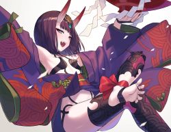Rule 34 | 1girl, bare shoulders, blush, bob cut, breasts, chorefuji, collarbone, cup, eyeliner, fangs, fate/grand order, fate (series), feet, headpiece, horns, japanese clothes, kimono, long sleeves, looking at viewer, makeup, obi, off shoulder, oni, open mouth, purple eyes, purple hair, purple kimono, revealing clothes, sakazuki, sash, short hair, short kimono, shuten douji (fate), skin-covered horns, small breasts, smile, soles, toenails, toes, white background, wide sleeves