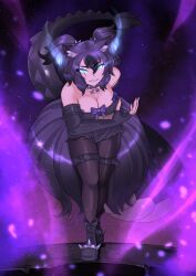 Rule 34 | 1girl, absurdres, animal ears, aqua eyes, arm behind back, bare shoulders, belt, bent over, big hair, black collar, black footwear, black gloves, black hair, black shorts, bone necklace, boots, bow, bowing, breasts, brown pantyhose, cerberus (kemono friends), cleavage, collar, collarbone, cutoffs, dog ears, elbow gloves, eyes visible through hair, fingerless gloves, gloves, glowing, glowing eyes, glowing hair, hair between eyes, highres, jewelry, kawanami eito, kemono friends, kemono friends 3, large breasts, light trail, lizard tail, long tail, looking at viewer, midriff, multicolored hair, pantyhose, pantyhose under shorts, parted bangs, parted lips, pendant, purple hair, scar, scar across eye, scar on face, short shorts, shorts, smile, solo, spiked collar, spiked footwear, spikes, standing, stomach, strapless, tail, thigh belt, thigh strap, tube top, two side up