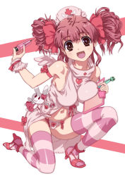 Rule 34 | 1girl, :d, angel wings, bow, breast press, breasts, clipboard, doll, hair bow, heart, high heels, hirose (mokiki), large breasts, long hair, nurse, on one knee, open mouth, original, panties, red hair, shoes, smile, solo, striped clothes, striped thighhighs, stuffed animal, stuffed rabbit, stuffed toy, syringe, thighhighs, underwear, wings