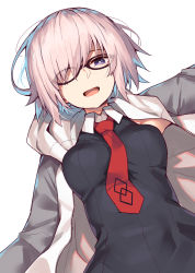 Rule 34 | 1girl, :d, amagasa yun, black-framed eyewear, black dress, blush, breasts, collared dress, commentary request, dress, dutch angle, fate/grand order, fate (series), glasses, hair over one eye, highres, hood, hood down, hooded jacket, jacket, looking at viewer, mash kyrielight, medium breasts, necktie, open clothes, open jacket, open mouth, pink hair, purple eyes, red necktie, simple background, sleeveless, sleeveless dress, smile, solo, upper body, white background, white jacket