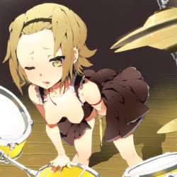 Rule 34 | 1girl, bad id, bad pixiv id, breasts, breasts out, brown hair, drum, drum set, drumsticks, female masturbation, fuwafuwa time, hairband, hairline, instrument, k-on!, leaning forward, maid, masturbation, nipples, one eye closed, open mouth, pussy juice, solo, tainaka ritsu, tomohico