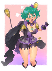 Rule 34 | 1girl, :o, blush, border, bra, breasts, chest jewel, cleavage, core crystal (xenoblade), glasses, gloves, green eyes, green hair, highres, jacket, looking at viewer, medium breasts, natto soup, open mouth, pandoria (xenoblade), pink background, pointy ears, purple bra, purple gloves, purple jacket, purple shorts, short hair, short sleeves, shorts, solo, tail, underwear, white border, xenoblade chronicles (series), xenoblade chronicles 2