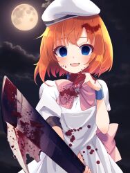 1girl :3 :d absurdres beret blood blood_on_clothes blood_on_face blood_on_hands blood_on_neck bloody_weapon blue_eyes blue_wrist_cuffs blush bow bowtie cloud cloudy_sky commentary_request cowboy_shot crazy_eyes crazy_smile dress empty_eyes full_moon hair_between_eyes hand_up hat highres higurashi_no_naku_koro_ni holding holding_weapon looking_at_viewer moon nata_(tool) night niyane open_mouth orange_hair outdoors pink_bow pink_bowtie puffy_short_sleeves puffy_sleeves ryuuguu_rena sanpaku scratching scratching_neck short_hair short_sleeves sky smile solo weapon white_dress white_hat wrist_cuffs