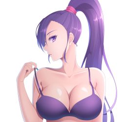 Rule 34 | 1girl, bare shoulders, bra, bra pull, breasts, cleavage, clothes pull, collarbone, commentary request, dragon quest, dragon quest xi, eyelashes, fujimura hinami, hair ornament, hair scrunchie, hand up, high ponytail, highres, large breasts, long hair, martina (dq11), open mouth, pink scrunchie, ponytail, pulled by self, purple bra, purple eyes, purple hair, scrunchie, simple background, solo, strap pull, underwear, undressing, upper body, very long hair, white background