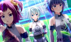 3girls baseball_stadium baseball_uniform belt belt_buckle belt_collar black_belt blue_hair blurry buckle cinderella_series closed_mouth cloud collar collared_dress day depth_of_field detached_sleeves dress dutch_angle falling_leaves game_cg hachigatsu_no_cinderella_nine hair_ornament hair_scrunchie highres leaf light_particles light_rays looking_at_viewer mashiro_rei_(hachigatsu_no_cinderella_nine) multiple_girls non-web_source official_art on_grass one_side_up oowada_sachi outdoors purple_hair sagara_yoshino scrunchie shirt short_hair sky sleeveless sleeveless_shirt smile solo_focus sportswear standing sunbeam sunlight v-shaped_eyebrows white_hair yellow_scrunchie