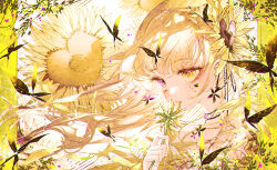 Rule 34 | 1girl, blonde hair, blush, bug, butterfly, closed mouth, commentary request, floating hair, flower, from side, hair flower, hair ornament, heterochromia, holding, holding flower, insect, long bangs, long hair, looking ahead, majamari, original, portrait, purple eyes, raised eyebrows, sidelocks, solo, sunflower, yellow eyes, yellow flower, yellow theme