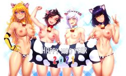 Rule 34 | 4girls, animal ears, animal print, arm up, bell, bikini, black hair, blake belladonna, blonde hair, blue eyes, blush, braid, braided ponytail, breasts, chinese zodiac, closed eyes, collar, collarbone, cow ears, cow horns, cow print, cowbell, fake animal ears, fake horns, gradient hair, hairband, highres, holding, holding sign, horns, large breasts, long hair, looking at viewer, medium breasts, multicolored hair, multiple girls, navel, neck bell, nipples, open mouth, phloxberry, ponytail, prosthesis, prosthetic arm, purple eyes, red hair, ruby rose, rwby, scar, scar across eye, scar on face, short hair, sign, smile, stomach, swimsuit, thighs, toned, topless, weiss schnee, white hair, yang xiao long, year of the ox, yellow eyes