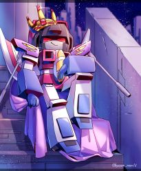 Rule 34 | 1boy, aoi rena, arm cannon, artist name, chibi, crown, decepticon, looking up, mecha, no humans, red eyes, robot, sitting, smirk, solo, starscream, transformers, weapon