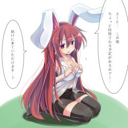 Rule 34 | 1girl, animal ears, bare arms, black skirt, black thighhighs, blush, breasts, cleavage, collarbone, commentary request, earrings, fingers together, hair between eyes, highres, index fingers together, jewelry, long hair, looking at viewer, medium breasts, navel, open mouth, original, rabbit ears, rabbit girl, red eyes, red hair, ryogo, seiza, shirt, simple background, sitting, skirt, sleeveless, solo, swept bangs, thighhighs, translated, very long hair, white shirt, zettai ryouiki