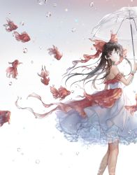 Rule 34 | 1girl, alternate costume, bare shoulders, black hair, blush, bow, brown eyes, commentary request, dress, feet out of frame, fish, gradient background, grey background, hair bow, hair tubes, hakurei reimu, hand up, highres, holding, holding umbrella, hoshi ame, long hair, looking at viewer, off-shoulder dress, off shoulder, rain, red bow, sidelocks, smile, solo, standing, touhou, umbrella, water drop, white background, white dress