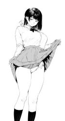 Rule 34 | 1girl, absurdres, black hair, black legwear, blush, bow, bowtie, breasts, cameltoe, closed mouth, clothes lift, commentary request, dated, feet out of frame, highres, kamiyama aya, large breasts, lifting own clothes, long hair, looking down, monochrome, original, panties, pantyshot, pleated skirt, shirt, signature, simple background, skirt, skirt lift, solo, standing, thighs, underwear, white background, white shirt