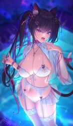 Rule 34 | 1girl, absurdres, animal ear fluff, animal ears, black nails, blue eyes, breasts, cat ears, cat girl, cat tail, choker, cleavage, collarbone, eeyoosekedooaat, finger to mouth, garter straps, goddess of victory: nikke, hair ribbon, hands up, heart, heterochromia, highres, holding, large breasts, lingerie, long hair, looking at viewer, nail polish, navel, nero (nikke), open clothes, open shirt, pink eyes, pink thighhighs, prehensile tail, ribbon, see-through, see-through shirt, standing, tail, thighhighs, thighs, twintails, underwear, zipper pull tab